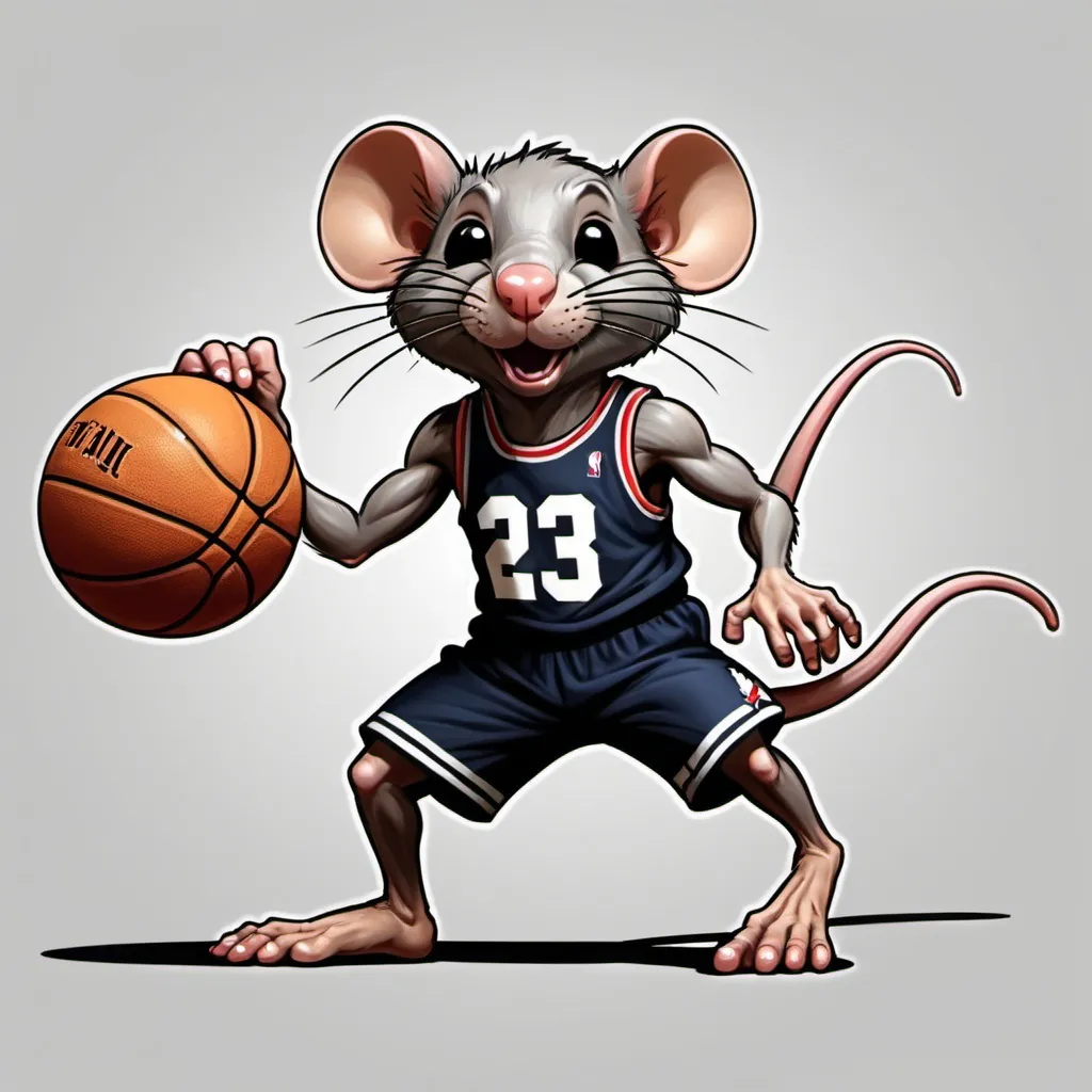 Prompt: Can create a cartoon rat doing the air Jordan dunk pose. Can you write RBA in NBA font, a rat dunking a basketball, and another rat with a kind humanish muscular body dribbling the basketball forwards. 