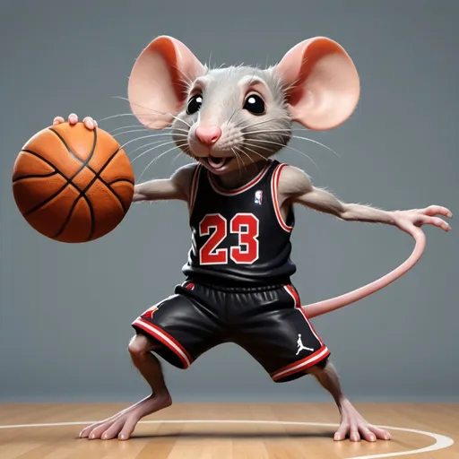 Prompt: Can create a cartoon rat doing the air Jordan dunk pose. Can you write RBA in NBA font, a rat dunking a basketball, and another rat with a kind humanish muscular body dribbling the basketball forwards. 