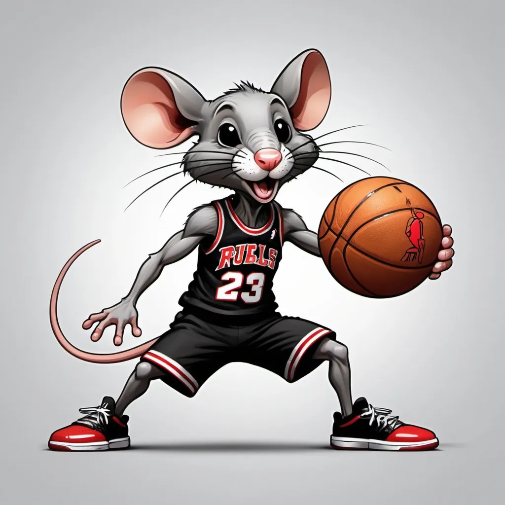 Prompt: Can create a cartoon rat doing the air Jordan dunk pose. Can you write RBA in NBA font, a rat dunking a basketball, and another rat with a kind humanish muscular body dribbling the basketball forwards. 