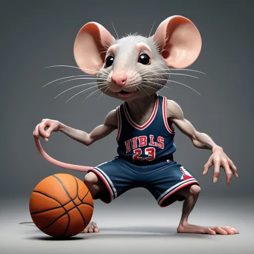 Prompt: Can create a cartoon rat doing the air Jordan dunk pose. Can you write RBA in NBA font, a rat dunking a basketball, and another rat with a kind humanish muscular body dribbling the basketball forwards. 