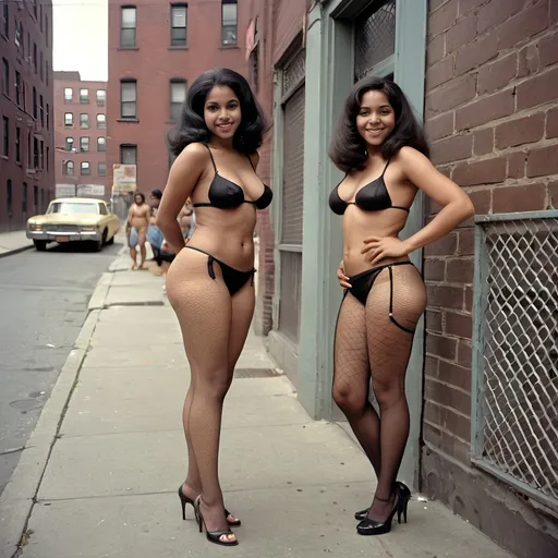 Prompt: Full body view of two beautiful, curvaceous young, scantily-clad Dominican girls in bikinis, fishnets and high heels, waiting on the corner in Mott Haven in the year 1972, leaning suggestively, touching each other's bodies and smiling.