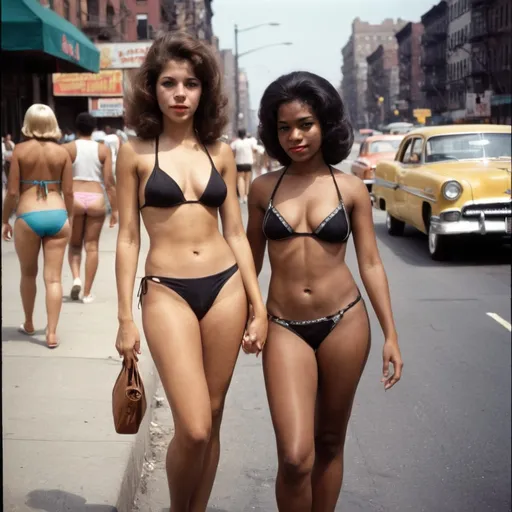 Prompt: A scantily-clad, luscious young Cuban lady on the Grand Concourse in The Bronx with her beautiful black female friend both in bikinis, set in 1969.