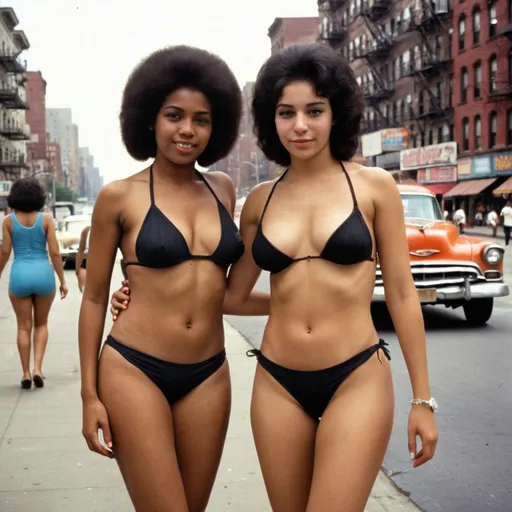 Prompt: A scantily-clad, luscious young Cuban lady on the Grand Concourse in The Bronx with her beautiful black female friend both in bikinis, set in 1969.