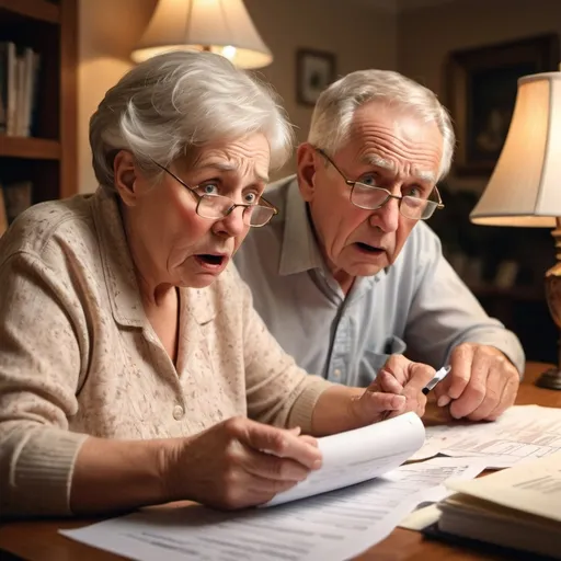 Prompt: picture of senior citizens shocked at the cost of their tax bill