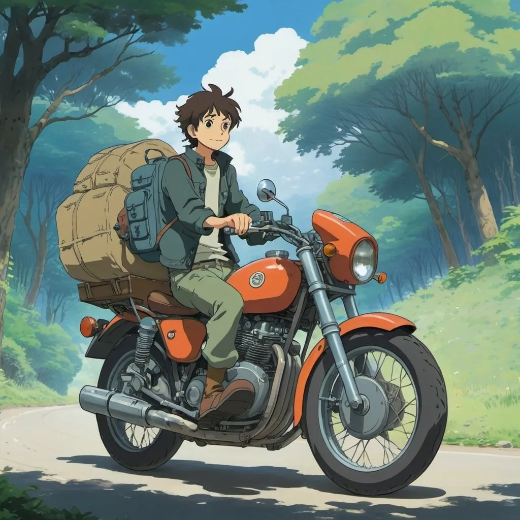 Prompt: 2d studio ghibli anime style,a man on motorcycle, anime scene