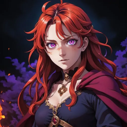 Prompt: Hot black clover girl, vibrant colors, anime style, fiery red and deep purple tones, intense and alluring gaze, magical aura, detailed eyes, high quality, 4k, ultra-detailed, anime, fantasy, vibrant colors, magical, intense gaze, detailed eyes, professional, dynamic lighting