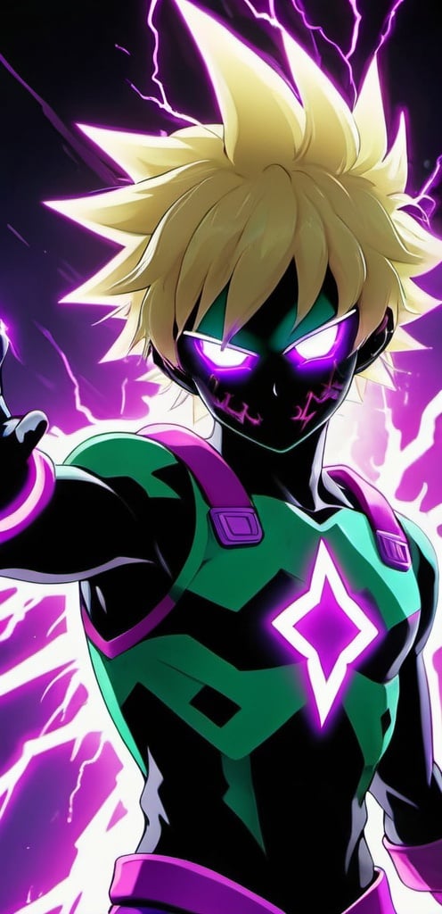 Prompt: Blond teenage hero with purple lightning power, Deku-like mask, anime style, vibrant colors, dynamic pose, detailed eyes, high quality, vibrant anime, lightning power, Deku-like mask, dynamic pose, detailed eyes, vibrant Dark purple and pink colors, anime style, high quality