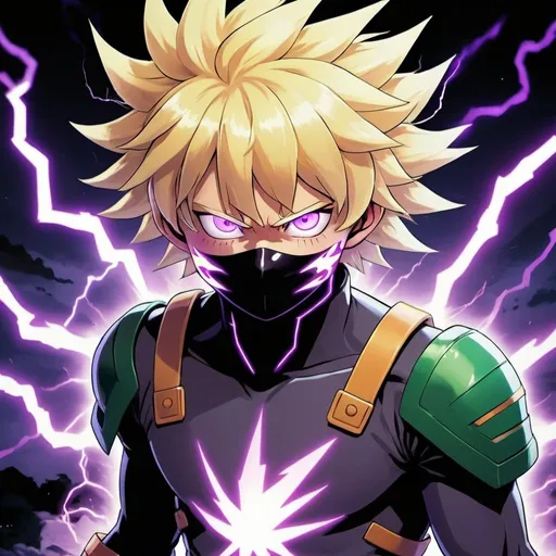 Prompt: Teenage hero with light purple lightning powers wearing a mask like Deku's from MHA, and blond hair, anime art style, vibrant colors, dynamic lightning effects, detailed eyes, high quality, anime, superhero, vibrant colors, lightning powers, detailed mask, dynamic pose, MHA art style, intense expression, professional, atmospheric lighting