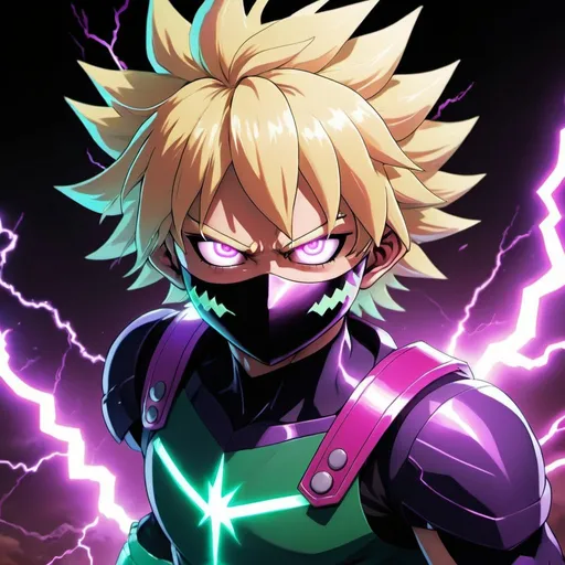 Prompt: Teenage hero with light purple lightning powers wearing a mask like Deku's from MHA, and blond hair, anime art style, vibrant colors, dynamic lightning effects, detailed eyes, high quality, anime, superhero, vibrant colors Dark purple and pink colors, lightning powers, detailed mask, dynamic pose, MHA art style, intense expression, professional, atmospheric lighting