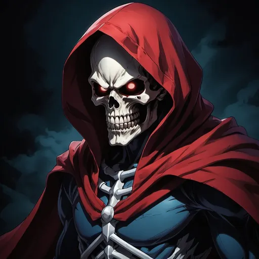 Prompt: Detailed illustration of a menacing My Hero Academia villain wearing a menacing skull mask and a flowing red cape, high-quality, rendering, anime style, dark and ominous color tones, dramatic lighting, menacing skull mask, flowing red cape, detailed costume, intense and sinister gaze, atmospheric shadows, and a blue tuksedo 