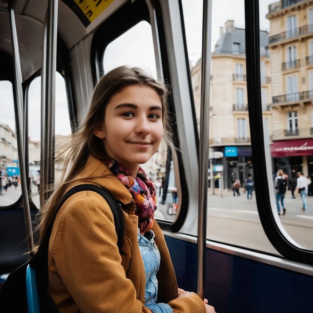 Prompt: a 
girl riding on a tram in bordeaux