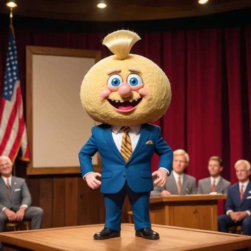 Prompt: A maggot wearing a blond toupee and a business suit standing at a podium