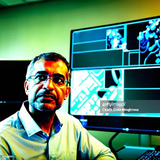 Prompt: Technology expert sitting in front of a large monitor 