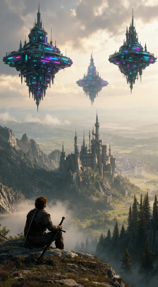 Prompt: Draw a semi-realistic fantasy scene. from a mountain, with a brown-haired man on the edge, sitting and looking towards the castle, with a black sword on his hand. In the background, floating robotic citadels style cyberpunk hover in the sky above a medieval landscape with stone castles and forests. Dramatic lighting, soft mist, epic fantasy atmosphere, cinematic composition, ethereal sensation, highly detailed, semi-realistic digital painting.