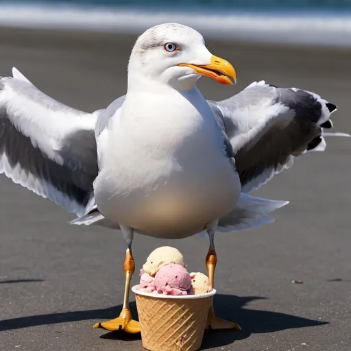 Prompt: seagull takes ice cream from human
