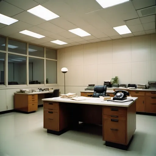 Prompt: A photo-realistic scene inside a brightly lit, open-plan office building from the 1980s. The space is devoid of windows, with a very low drop ceiling covered in square tiles. Fluorescent lights are embedded in every other tile, casting a sterile and slightly uneven glow across the room. The office is largely empty, but there is a single desk in the foreground. On the desk, there’s an old black rotary phone and a halogen desk lamp that emits a warmer light, contrasting with the cold overhead fluorescents. The surfaces and walls have subtle imperfections, with slight wear and tear visible on the furniture. The overall atmosphere feels dated and utilitarian, with a sense of aging in the space.