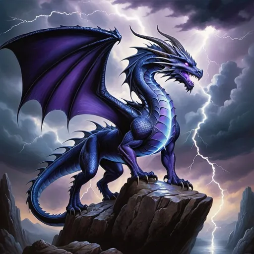 Prompt: a dragon with a purple tail and blue wings on a rock in the sky with lightning behind it and a dark cloud, Anne Stokes, fantasy art, dragon art, a detailed painting