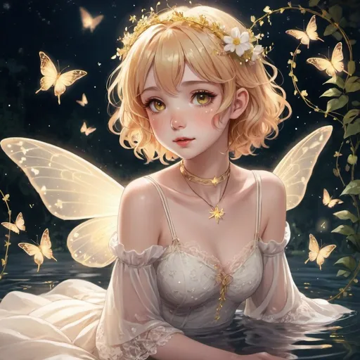 Prompt: anime, soft, drawing, fairy core, anymore
girl, short wavy hair, light hair color, golden eyes, rosy-tinted lips, light starry freckles
choker, elegant light lace dress, flowy sleeves, white harness, small fairy wings, delicate light flower crown
tangled vines, floating on water, glowing golden butterflies