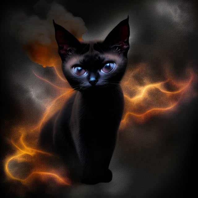 Prompt: Siamese cat made from Abstract Smoke and sparks Texture black baclground