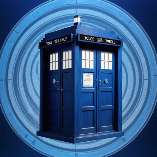 Prompt: a blue tardis with a blue background and a blue swirl around it and a blue background with a blue swirl around it, a hologram