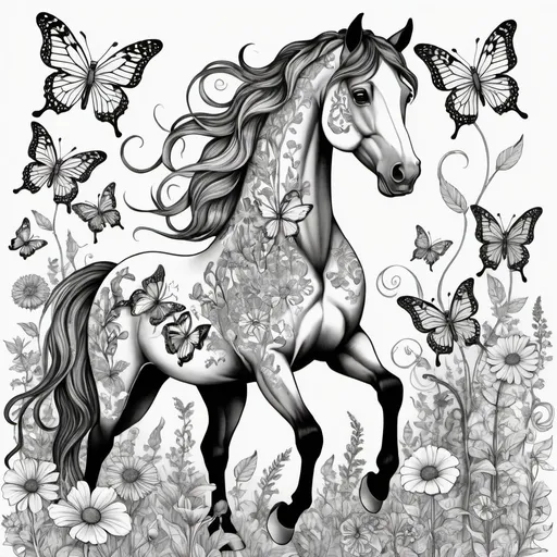 Prompt: Horse amidst oversized flowers of assorted shapes drawn in black marker for a coloring book, intricate patterned butterflies fluttering from one bloom to another, infusing the scene with a magical aura, creating a dreamy, imaginative atmosphere, line-art, awaiting color infusion, monochrome, whimsical, high-contrast, butterfly wings detailed, floral abundance, digital drawing.
