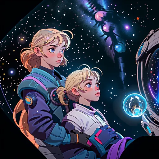 Prompt: "Generate an image of a 12-year-old girl with blond hair, immersed in imaginative play as an astronaut in her bedroom. She wears a makeshift space suit, complete with a helmet and gloves, while her room is transformed into a galactic wonderland. Surround her with floating planets, twinkling stars, and swirling galaxies, creating a mesmerizing celestial backdrop. By her side, a gentle Newfoundland dog, also dressed in a space-themed costume, serves as her loyal space-faring companion. Capture the awe and wonder in the girl's eyes as she embarks on her cosmic adventure with her furry friend by her side."










