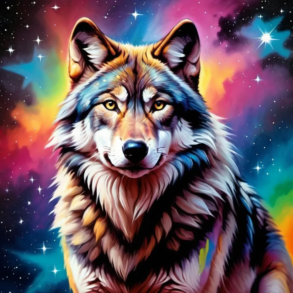 Prompt: a wolf with a colorful background and stars in the sky, with a colorful background and stars in the sky, Caspar Wolf, space art, much wow, an airbrush painting