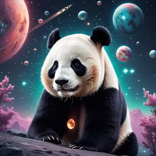 Prompt: a panda bear and a space background with stars and planets in the sky, Beeple, aestheticism, cosmic, digital art