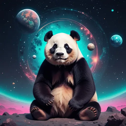 Prompt: a panda bear and a space background with stars and planets in the sky, Beeple, aestheticism, cosmic, digital art