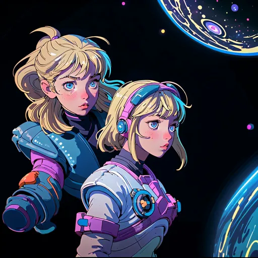 Prompt: "Generate an image of a 12-year-old girl with blond hair, immersed in imaginative play as an astronaut in her bedroom. She wears a makeshift space suit, complete with a helmet and gloves, while her room is transformed into a galactic wonderland. Surround her with floating planets, twinkling stars, and swirling galaxies, creating a mesmerizing celestial backdrop. By her side, a gentle Newfoundland dog, also dressed in a space-themed costume, serves as her loyal space-faring companion. Capture the awe and wonder in the girl's eyes as she embarks on her cosmic adventure with her furry friend by her side."










