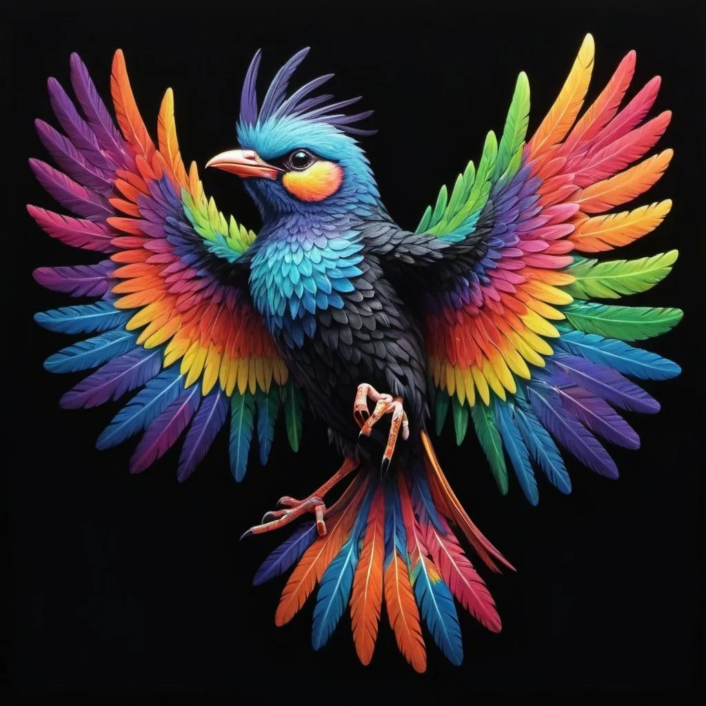 Prompt: a colorful bird with wings spread out and its colors are painted on a black background with a black background, Chris LaBrooy, psychedelic art, mystical colors, an airbrush painting