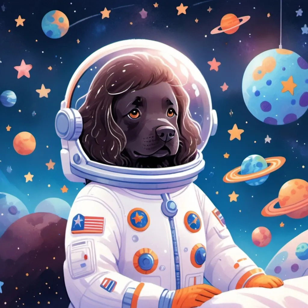 Prompt: "Generate an image of a 12-year-old girl with blond hair, immersed in imaginative play as an astronaut in her bedroom. She wears a makeshift space suit, complete with a helmet and gloves, while her room is transformed into a galactic wonderland. Surround her with floating planets, twinkling stars, and swirling galaxies, creating a mesmerizing celestial backdrop. By her side, a gentle Newfoundland dog, also dressed in a space-themed costume, serves as her loyal space-faring companion. Capture the awe and wonder in the girl's eyes as she embarks on her cosmic adventure with her furry friend by her side."










