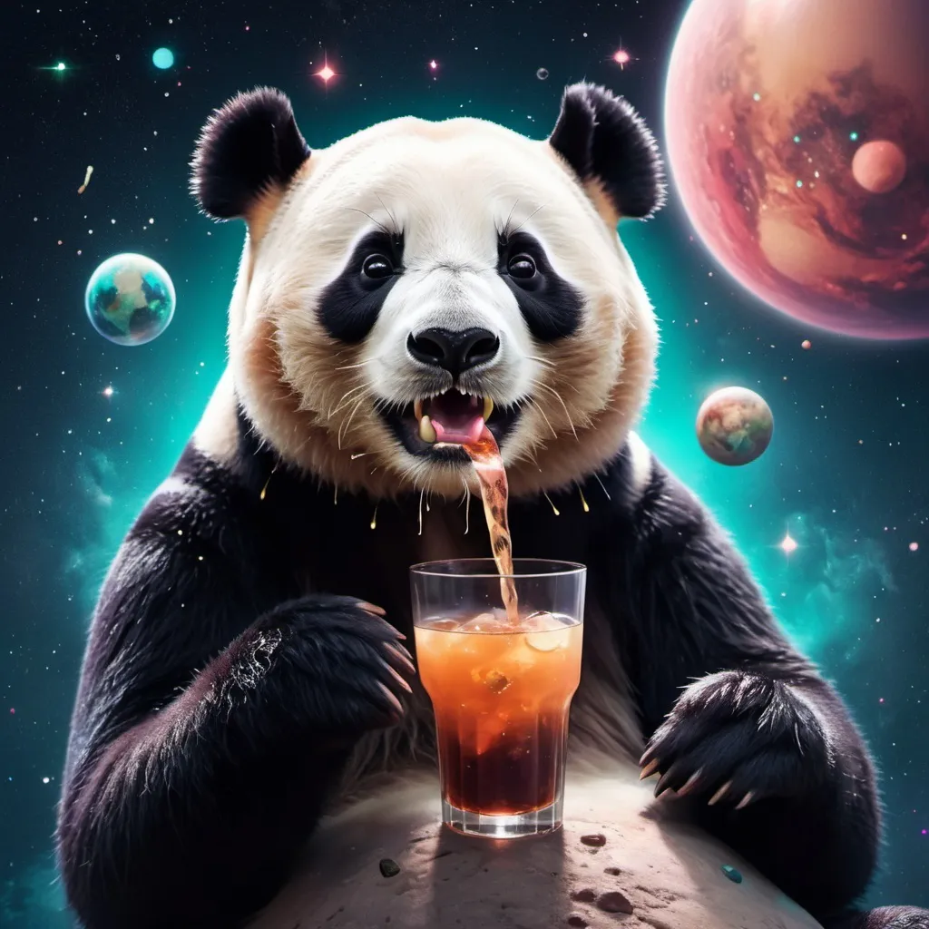 Prompt: a panda bear with a drink in its mouth and a space background with stars and planets in the sky, Beeple, aestheticism, cosmic, digital art