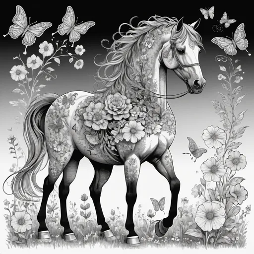 Prompt: black marker line-art, A horse stands with oversized flowers in various shapes, Butterflies adorned with intricate patterns, bring a touch of magic to the scene as they gracefully flutter from one flower to another. The combination of flowers and butterflies creates a dreamy and imaginative atmosphere.