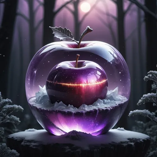 Prompt: epic crystal apple with space glowing inside, planets, satellites, winter forest, clouds, planets, purple, white haze. hyper-detailed glass, soft light, glitter, professional photo, beautiful, 3d, realistic, 8k, hyperrealism. highly detailed digital painting, high resolution, high detail, mystical, backlit, fantasy, dark atmosphere, photorealistic painting, gothic art, realistic, close up, noir, dark colors, 8k, aesthetic