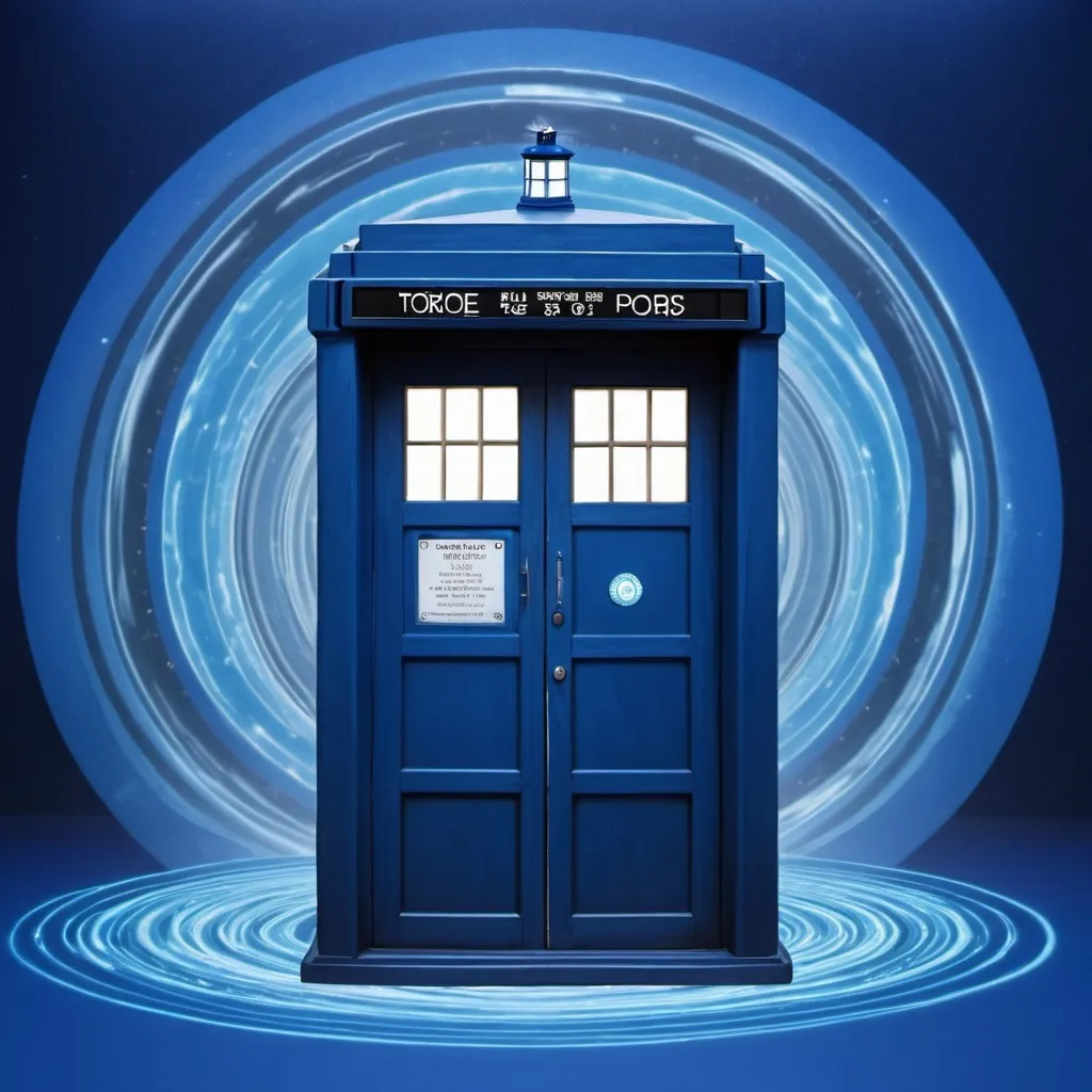 Prompt: a blue tardis with a blue background and a blue swirl around it and a blue background with a blue swirl around it, a hologram