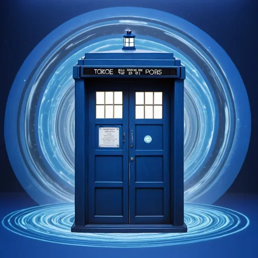 Prompt: a blue tardis with a blue background and a blue swirl around it and a blue background with a blue swirl around it, a hologram