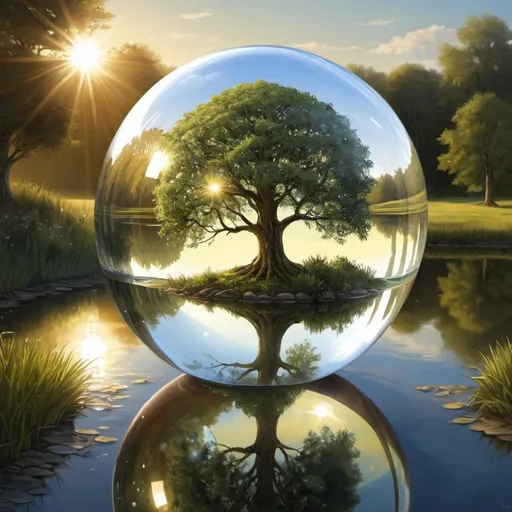 Prompt: a painting of a tree in a glass ball with a reflection of the sun in it and a pond in front of it, David Martin, fantasy art, highly detailed digital painting, a digital rendering