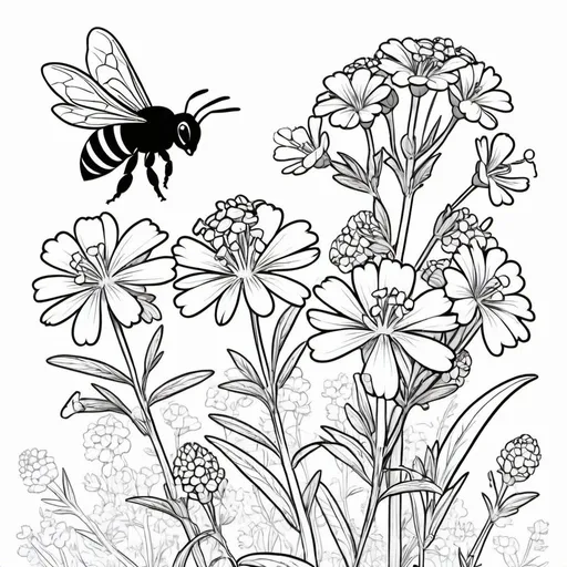 Prompt: Coloring page for kids, Phlox
 with flowers, honeybees, cartoon style, bold lines, low details, no shade,  no color added, black and white