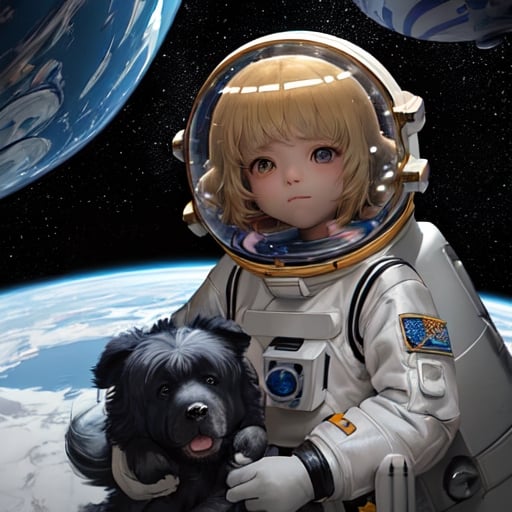 Prompt: "Generate an image of a 12-year-old girl with blond hair, immersed in imaginative play as an astronaut in her bedroom. She wears a makeshift space suit, complete with a helmet and gloves, while her room is transformed into a galactic wonderland. Surround her with floating planets, twinkling stars, and swirling galaxies, creating a mesmerizing celestial backdrop. By her side, a gentle Newfoundland dog, also dressed in a space-themed costume, serves as her loyal space-faring companion. Capture the awe and wonder in the girl's eyes as she embarks on her cosmic adventure with her furry friend by her side."










