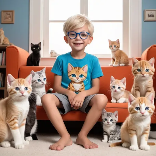 Prompt: "Generate a cartoon image of a 7-year-old boy wearing blue-framed glasses and sporting a blond buzz-cut hairstyle. He is dressed in shorts, surrounded by playful kittens in various poses, from frolicking to napping. Set the scene in a cozy room filled with kitten-themed decor, such as plush toys and posters. Capture the innocence and joy on the boy's face as he interacts with his feline friends, creating a heartwarming and charming scene."





