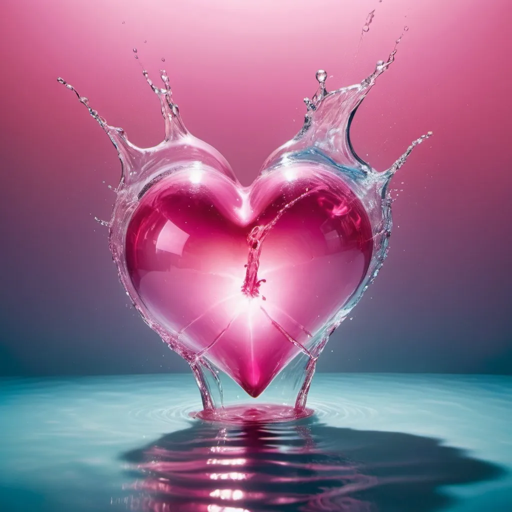 Prompt: a heart shaped object floating in the water with a splash of water on it's side and a pink light reflecting off of the heart, David LaChapelle, art photography, love, a photorealistic painting