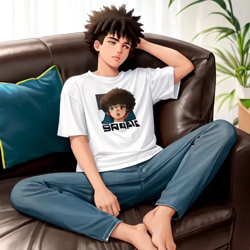 Prompt: Capture the essence of a 16-year-old gamer boy, his mixed-race heritage evident in his features, sporting a small Afro and a space short beard. Despite his towering 6-foot frame, he's hunched over on a couch clearly too small for him, the cushions barely accommodating his size. His intense focus on the tiny handheld video game screen, juxtaposed with his oversized presence on the couch, highlights the comical struggle of fitting into a world not designed for him. Perhaps add a detail of his feet dangling off the edge of the couch, emphasizing his awkward position, while his concentration remains unbroken, lost in the miniature virtual world.















