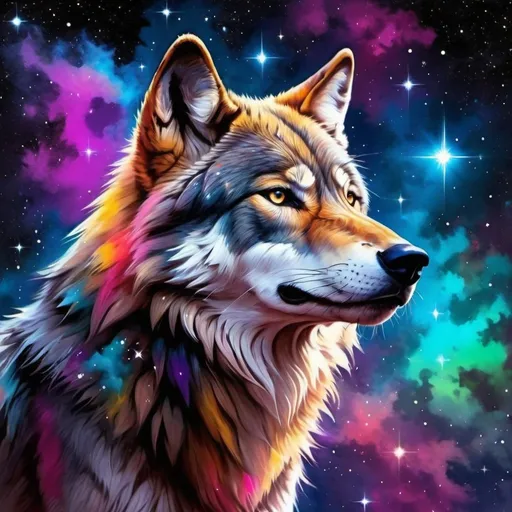 Prompt: a wolf with a colorful background and stars in the sky, with a colorful background and stars in the sky, Caspar Wolf, space art, much wow, an airbrush painting