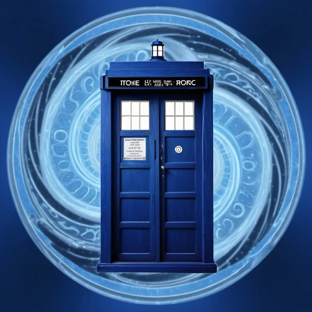 Prompt: a blue tardis with a blue background and a blue swirl around it and a blue background with a blue swirl around it, a hologram