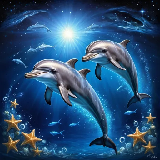 Prompt: two dolphins swimming in the ocean at night time with stars and fish around them, with a blue background, Anne Stokes, space art, dreamlike, a digital painting