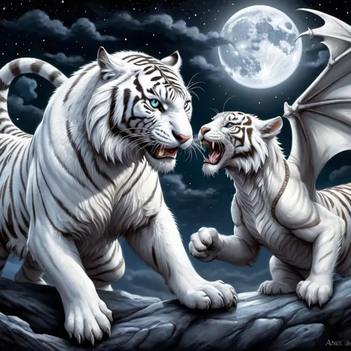 Prompt: a white tiger and a dragon fighting in the night sky with stars in the background, with a full moon in the sky, Anne Stokes, fantasy art, highly detailed digital art, an airbrush painting