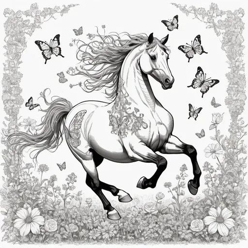 Prompt: Line art a horse dancing around playing and having fun with flowers and butterflies magically intertwining within the scene