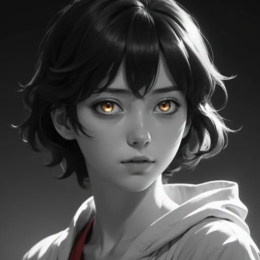 Prompt: an anime character posing in black and white light, in the style of dark brown and red, anne-louis girodet, makoto shinkai, fluid gestures, shiny eyes, Petrina hicks, light yellow and light black