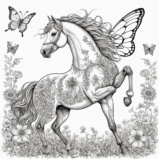 Prompt: Line art of a joyful horse dancing with flowers and butterflies, magical intertwining, playful and fun, high quality, detailed line art, whimsical, lively and vibrant, floral elements, butterfly details, enchanting, magical lighting